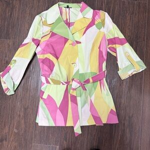West 38th belted long jacket green pink yellow
